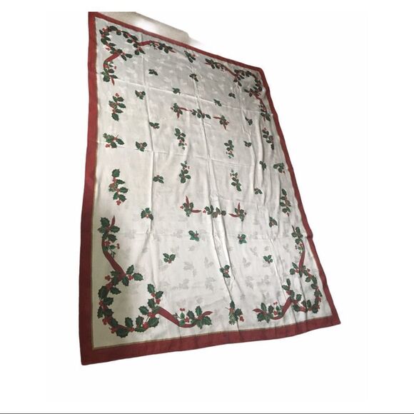 Saint Nicholas Square Christmas Holly Print Rectangular Table Cloth White - Picture 2 of 3